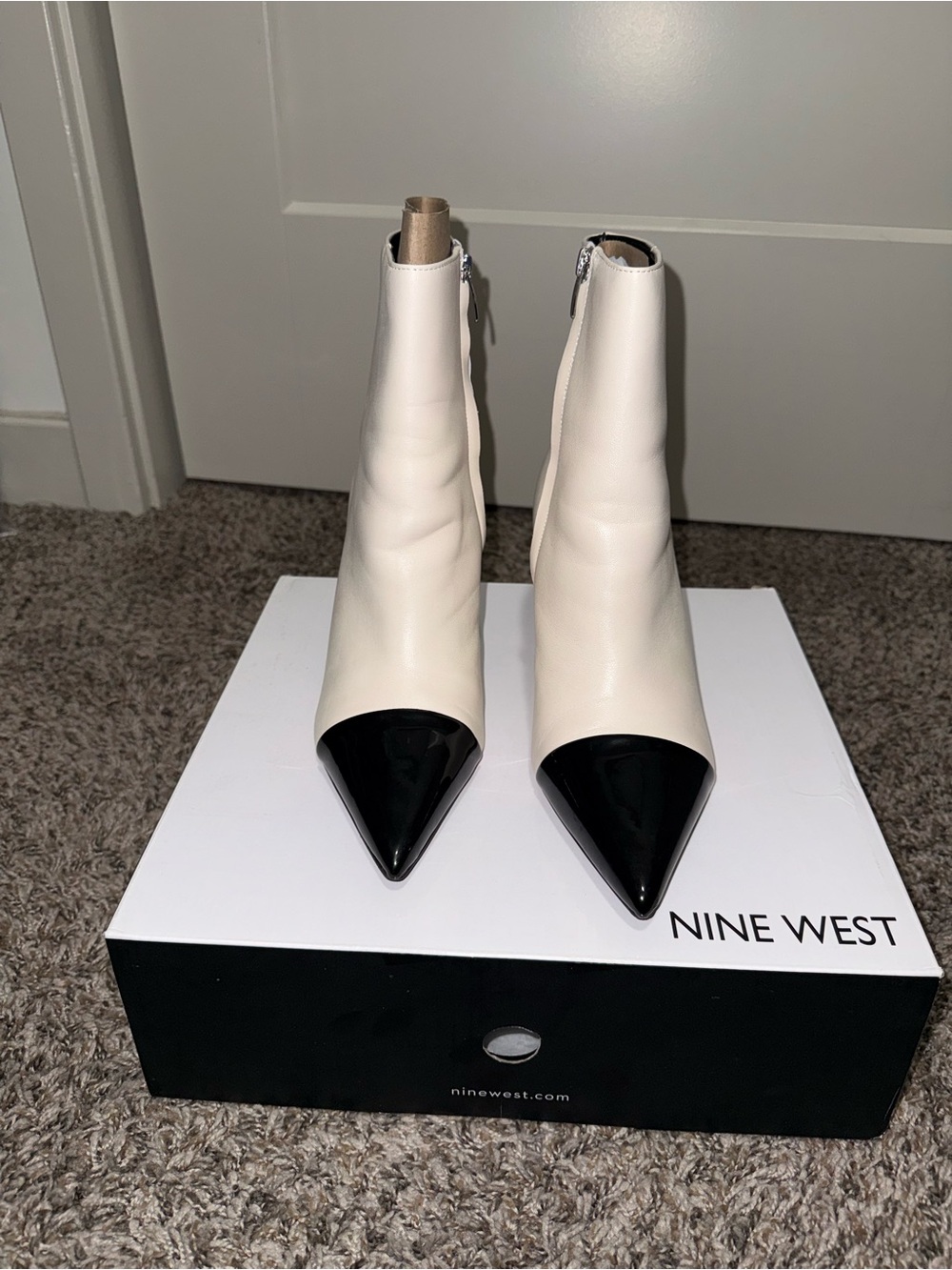 Nine West Cream Ankle Boots with Black Patent Pointed Toe